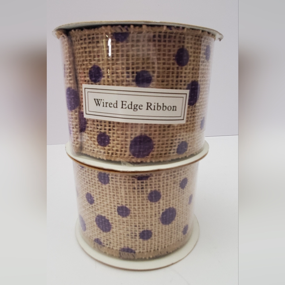 Purple Polka Dot Wired Edge Ribbon 2 Rolls 2.5in Wide 15ft Length